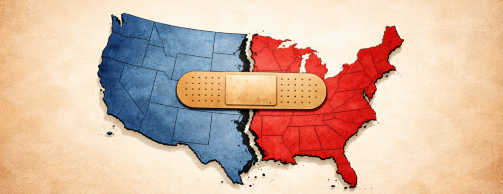 A map of the US divided down the middle with a band aid trying to keep the country together.